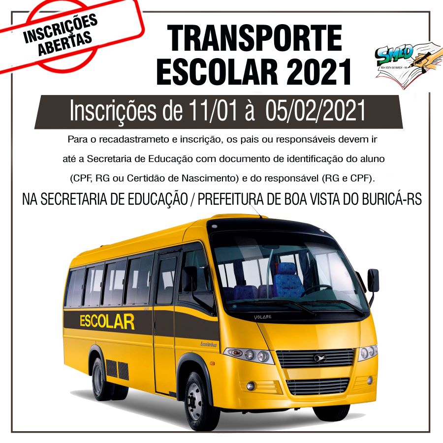 Inscrições e recadastramento para o transporte escolar/2021